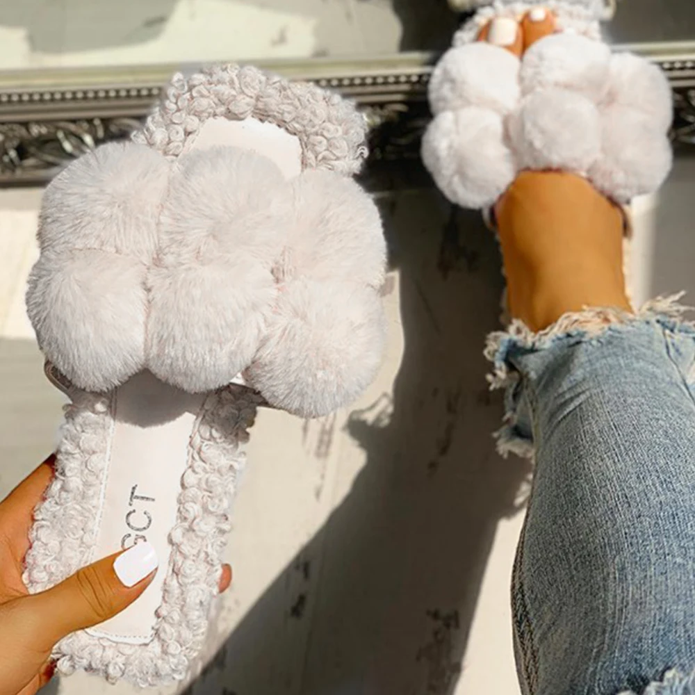 Тапочки Женская зимняя 2020 домашняя обувь повседневные меховые пушистые ползунки Модные женские Pom Шлепанцы