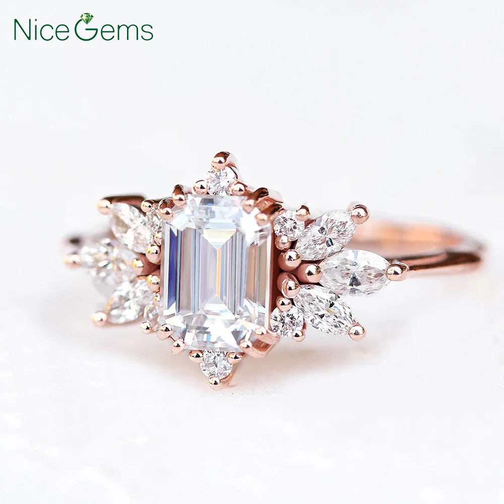 Niceems Твердое 14K розовое золото в центре 7x5 мм изумруд огранка моиссанит