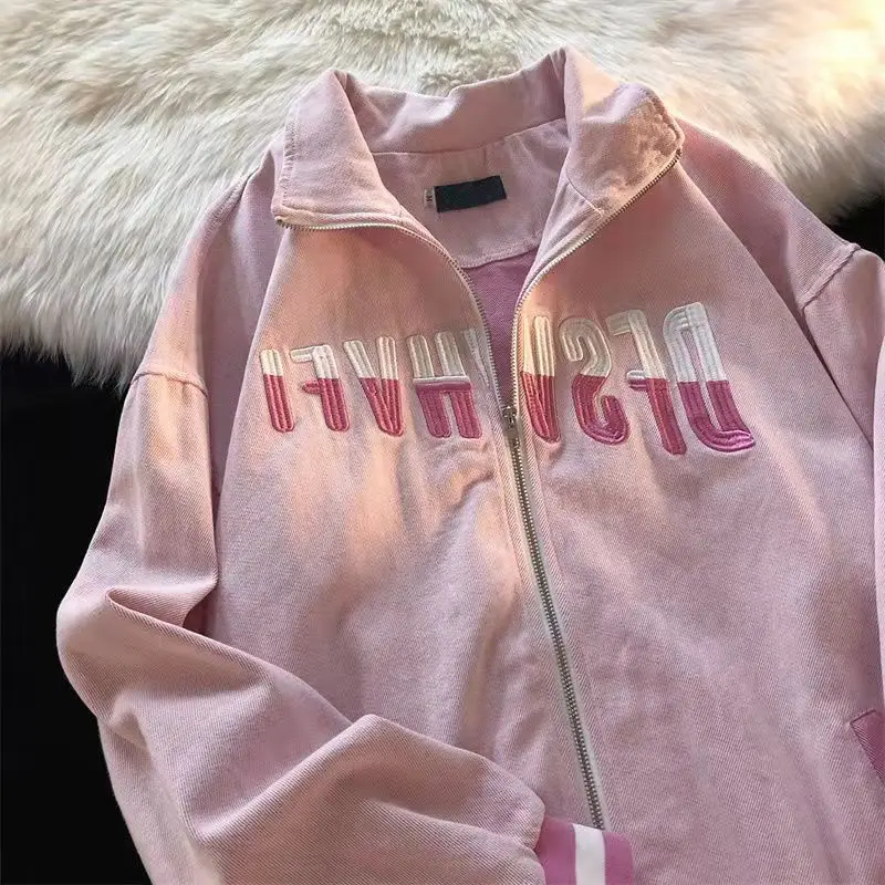 

American Vintage Letter Embroidery Zip-up Sweatshirt Women Pink Long Sleeve Streetwear Plus Size Hoodies Female Autumn Fashion