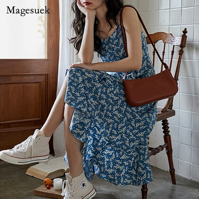 

2021 Summer French Women Long Dress Printed Floral Blue V-neck Sleeveless Dress for Women Vintage Style Chic Dress Vestido 14688