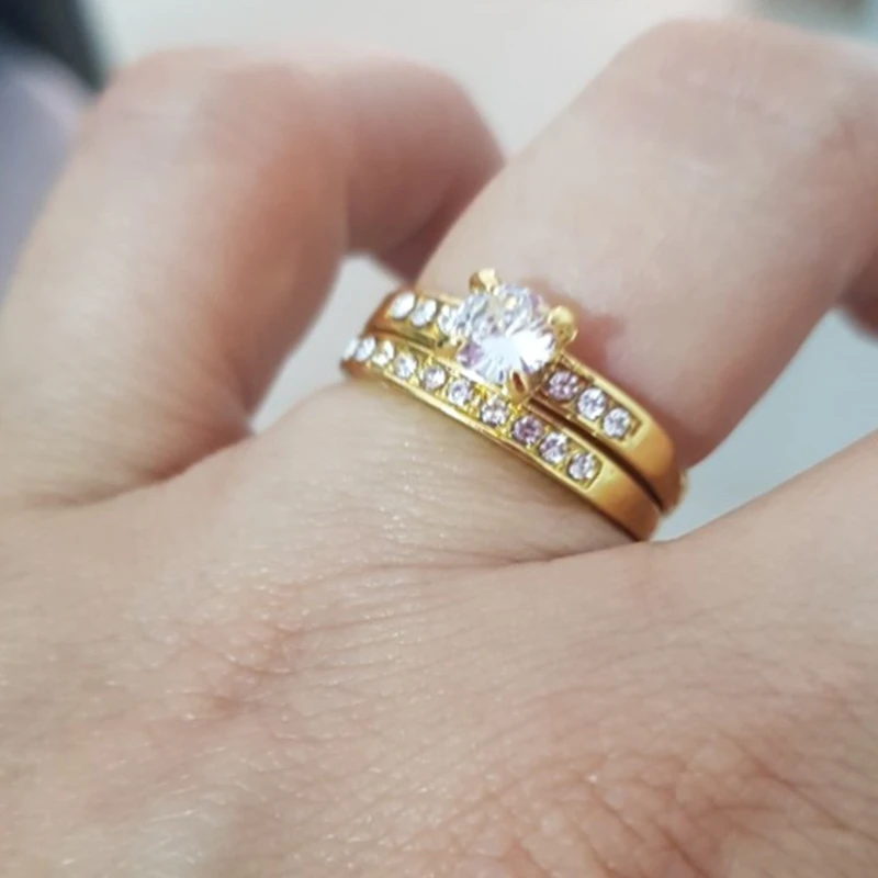 

Fashion Lovers' Rings Set Cubic Zirconia Decoration Yellow Gold Color Wedding Engagement Jewelry Accessories