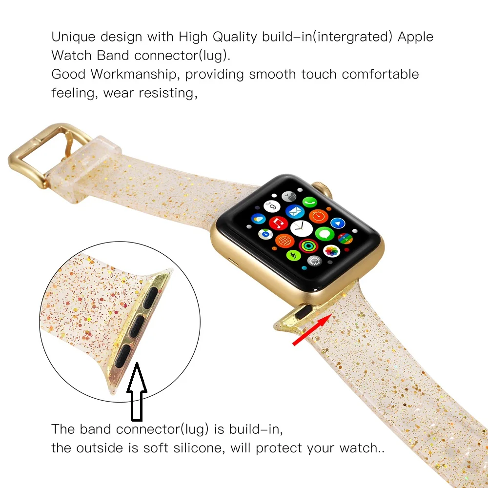 Силиконовый ремешок для наручных часов Apple Watch 38/40/42/44 мм я ремешка для часов Водонепроницаемый прозрачные блестящие Для женщин браслет для серии 4 3 2 1