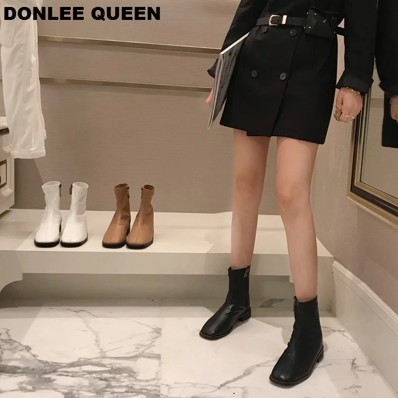 2019 Fashion Women Ankle Boots Flat Heel Square Toe Zipper Solid Female Shoes Casual Soft Black zapatos mujer | Обувь