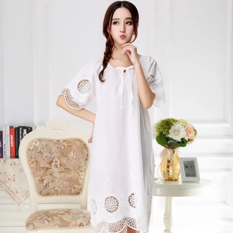 Женская летняя ночная рубашка с коротким рукавом 100% хлопок белая принцессы
