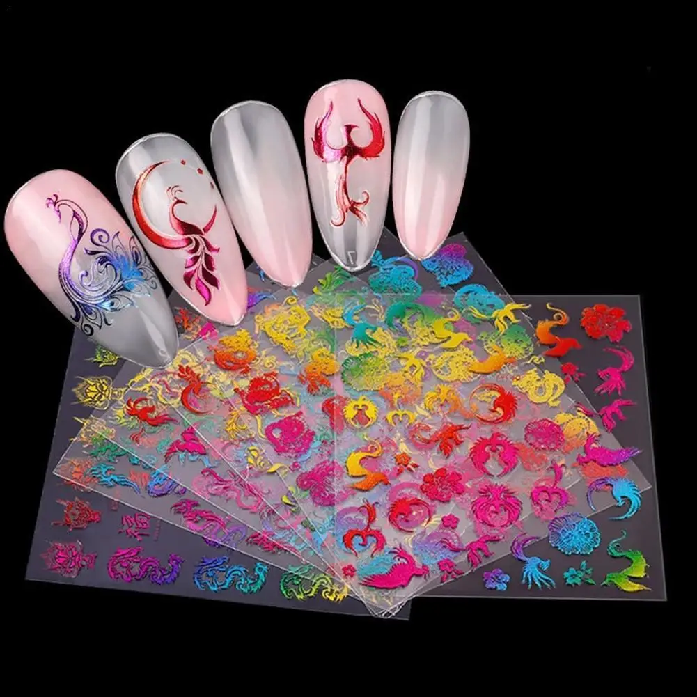 

6pcs 3D Nail Stickers Chinese Style Dragon And Phoenix Elements Color Self-adhesive Nail Stickers Festive Retro Nail Decoration