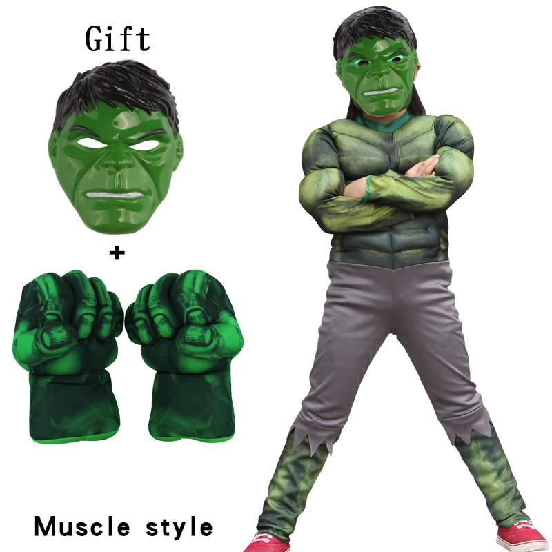 

4-12Y Kids Hulk Super Hero Muscle Costume Attached Mask Gloves Cosplay Children Halloween Party Stage Show Dress