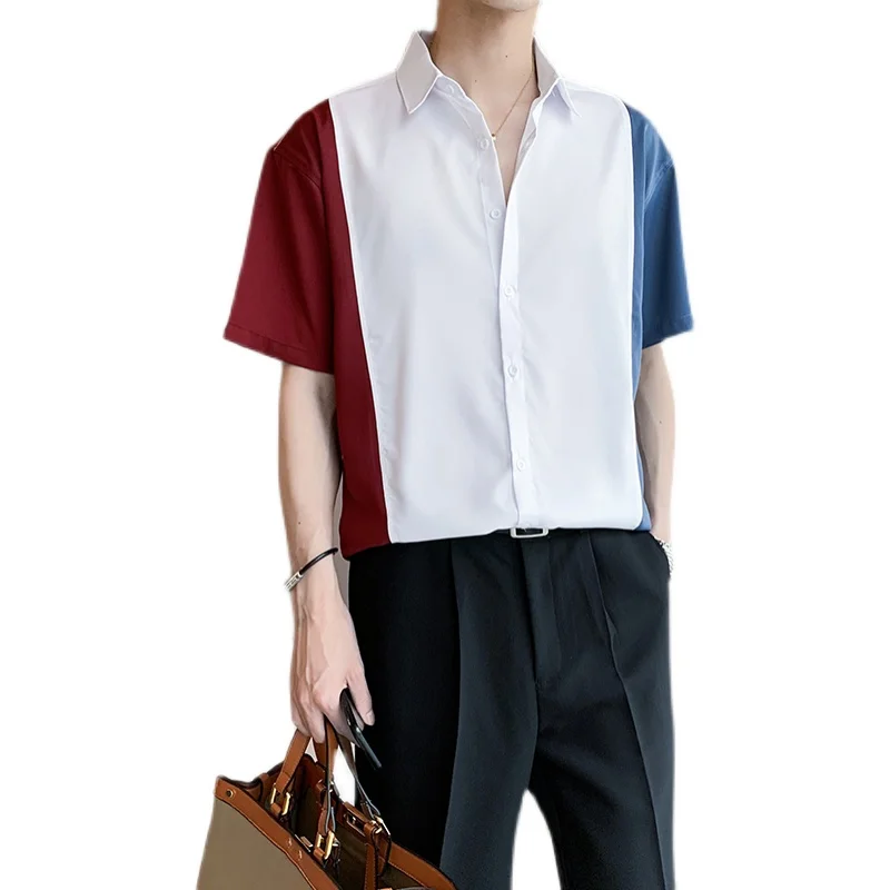 

White Red Blue Patchwork Shirt for Men Summer Short Sleeve Shirts Fashion Casual Camisa Black Khaki for Men Chemise