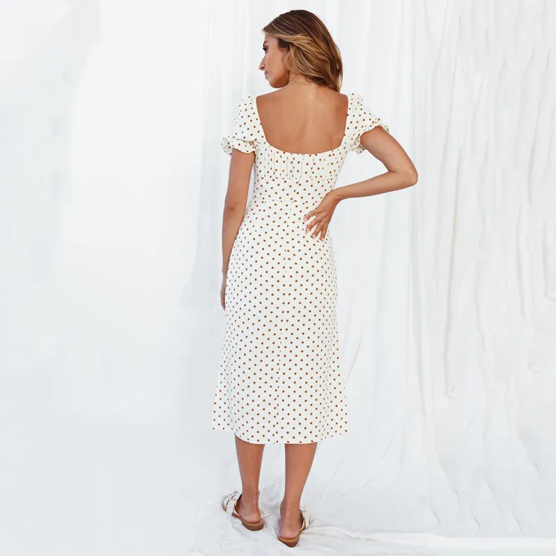 

2021 Summer New Style Short-Sleeved Polka-Dot Print Chest Lace-Up Hem Dress Women Sexy Square Collar Backless Maxi Dress Femme