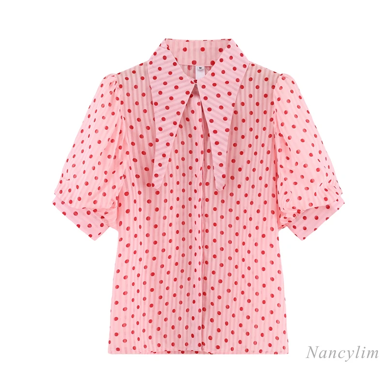 

Chiffon Polka Dots Short Sleeved Pink Shirt for Women 2021 Summer Korean Style Loose Lantern Sleeve Peter Pan Collar Blouse Top