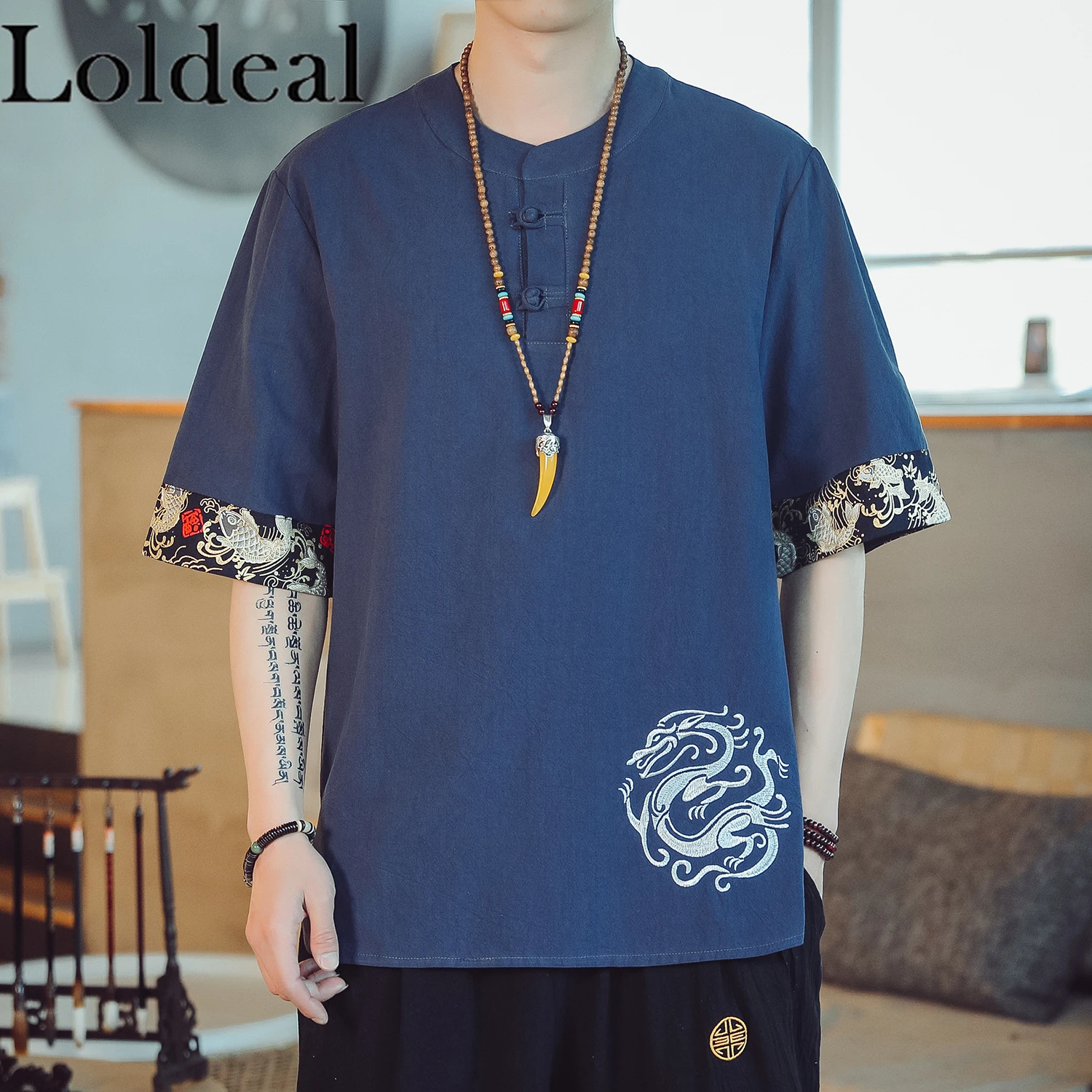 

Loldeal Men's Short-sleeved T-shirt Chinese Style Slim Linen Dragon Embroidery Round Neck