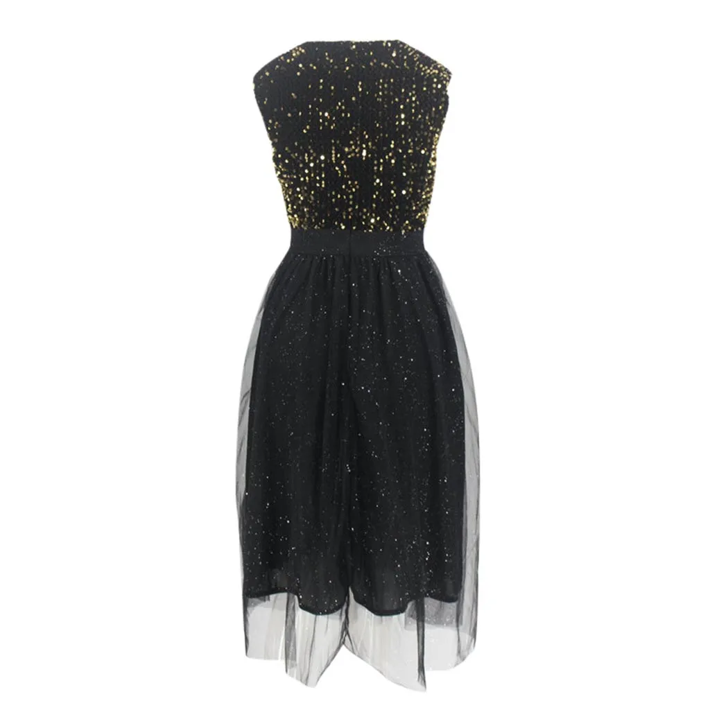 Женский сарафан с блестками черное Сетчатое платье без рукавов вечерние платья
