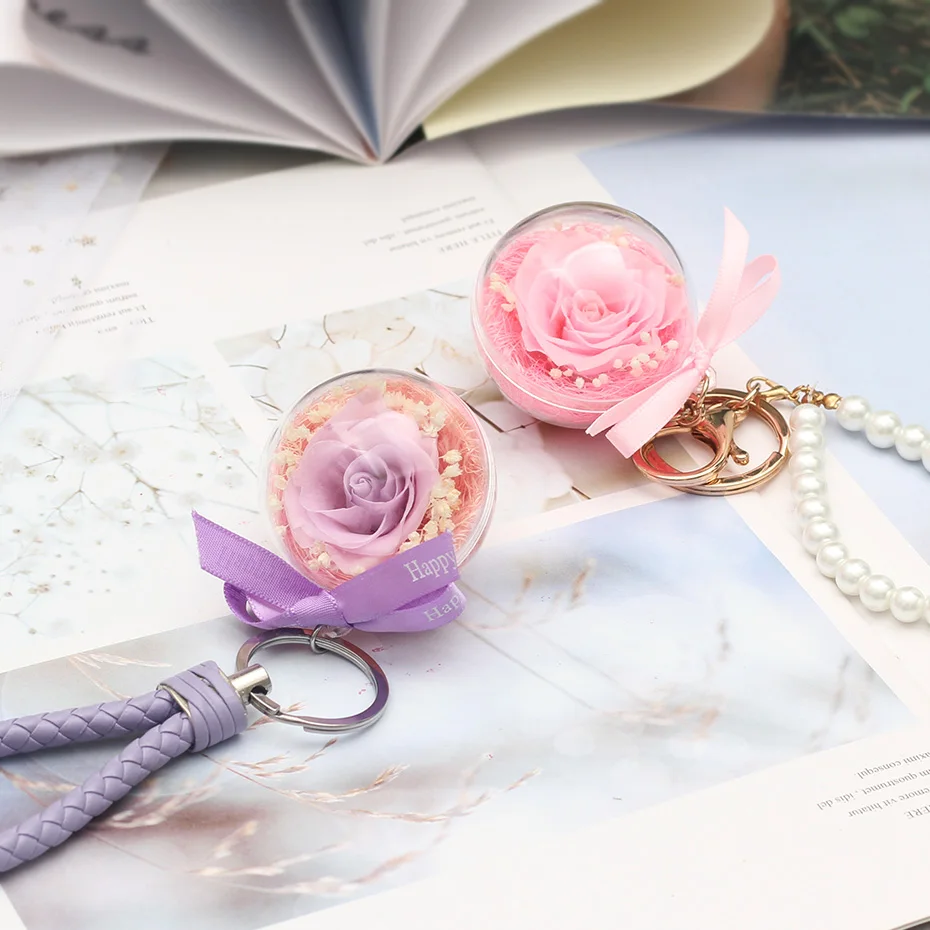

Fashion Diy Preserved Eternal Flowers Cute Key Link Real Rose Ball Real Freshing Roses Flower Christmas Valentine's Day Gifts