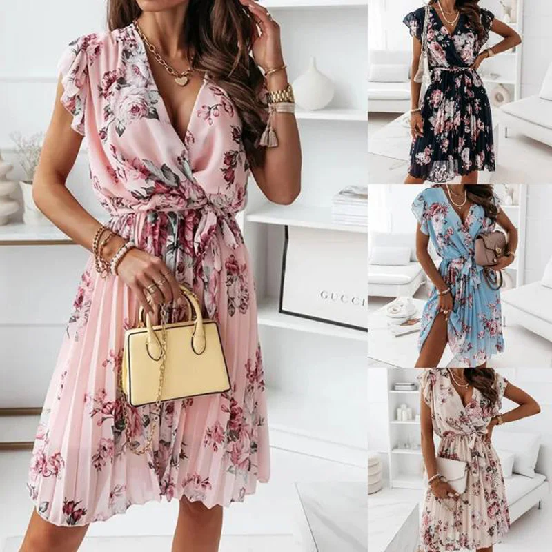 

Women Chiffon Dress Ruffles Sleeve Floral Print Mini Dress 2021 Summer New Casual Deep V Neck Pleated Office Lace Up Dresses