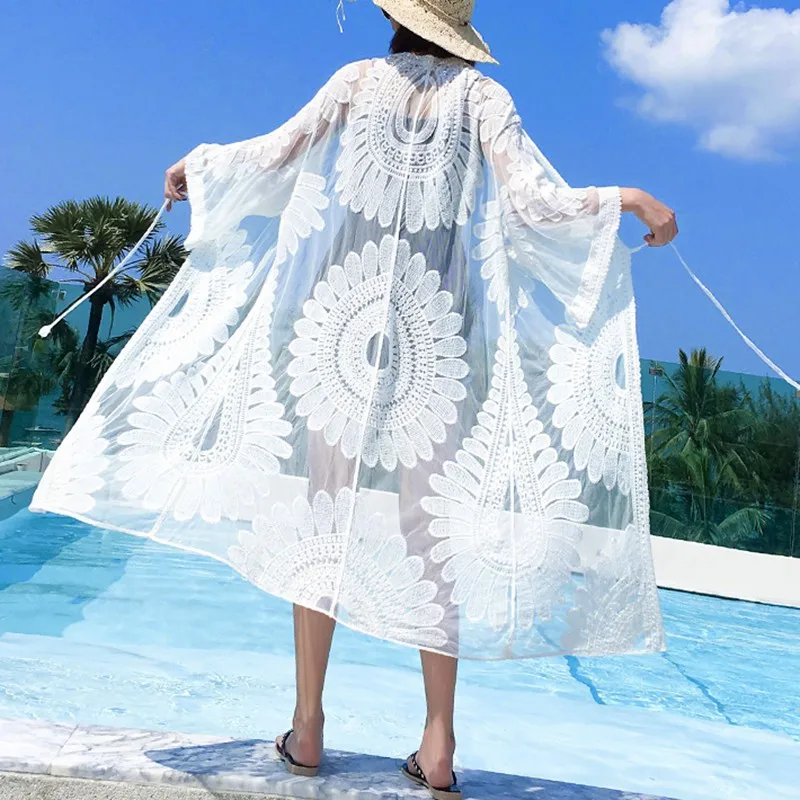 Женская кружевная блузка с вышивкой повседневный свободный Пляжный топ длинным