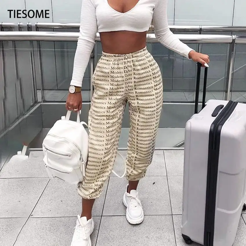 

TIESOME Women Letter Print Joggers Loose Casual Street Fashion Khaki Trousers Spring Autumn Harajuku Capris Femme Sweat Pants