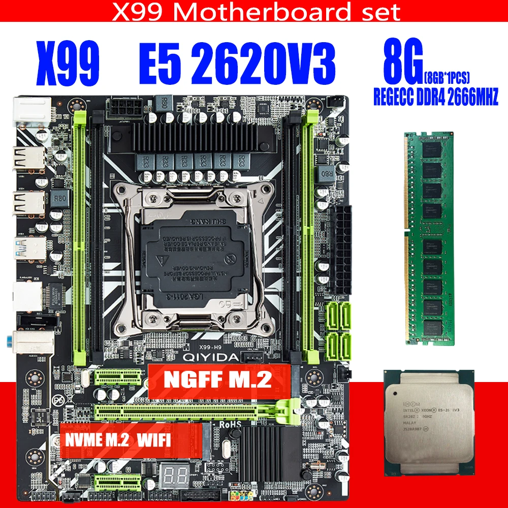 Qiyida X99 D4 DDR4 набор материнских плат с Ксеон E5 2620 V3 LGA2011 3 Процессор 1 шт. X 8 ГБ = Гб 2666