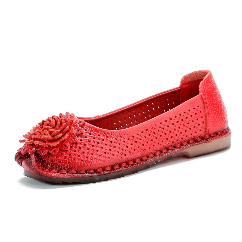 

2020 Summer Lady Genuine Leather Shoes Women Flower Printing Soft Sole Hollow Flat Shoes Slip on Loafers for Women Vintage Flats