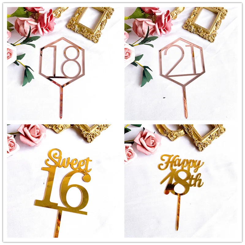 New Pink gold Birthday Cake Topper 1618 21 30year old happy Acrylic Cupcake toppers Family party birthday cake Supplies | Дом и сад