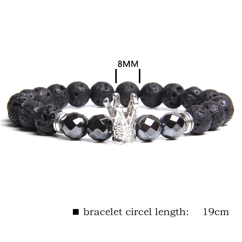 Fashion Men Bracelet Natural Black Lava Volcanic Stone &amp Hematite Beads Crown Charm Jewelry for Women Homme | Украшения и