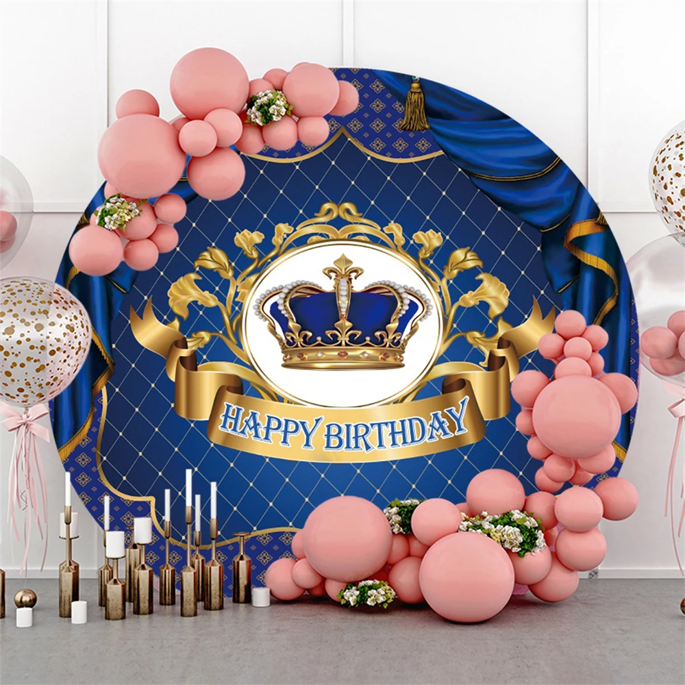 

Crown On Dark Blue Stage Newborn Welcome Elastic Round Background Baby Shower Boy Party Circle Backdrop Photography Booth Decor