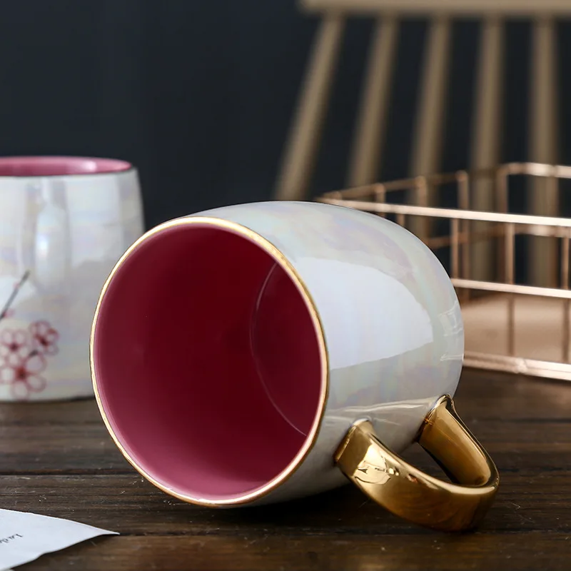 Simple Ins Flamingo Colorful Pearlescent Ceramic Mug with Lid and Spoon Pearl Glaze Female Milk Coffee Cup | Дом и сад