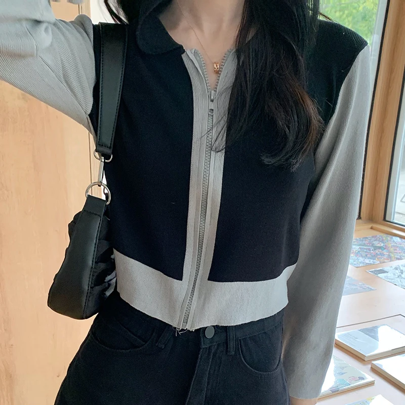 

Spring Autumn Knit Short Cardigan Zipper Korean Fashion Long Sleeve Top Turn-Down Collar Knitted Sweater Rebeca Punto Mujer