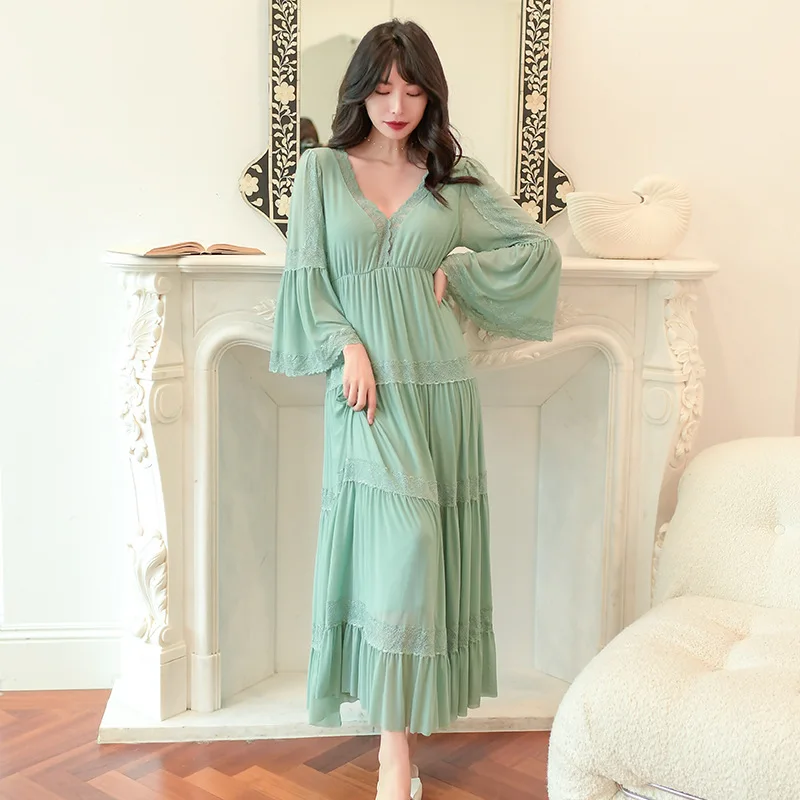 Modal Nightdress with Brassiere Women's Spring Summer Long Sleeve Net Gauze Sweet Princess Court Nightdress Lace Sexy Home Wear