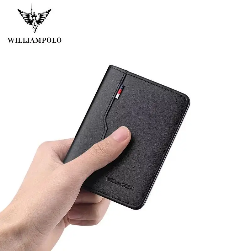 WILLIAMPOLO Men's ultra-thin 100% leather wallet leisure double fold small wallet credit card package