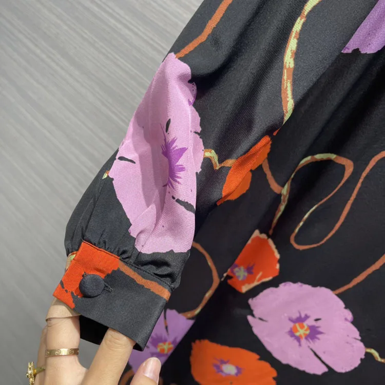 

Luxury Brand Silk Long Dress 2021 Early Spring Women New Vintage Elegant Floral Printed Stand Collar Loose Mid-length Soft Dress