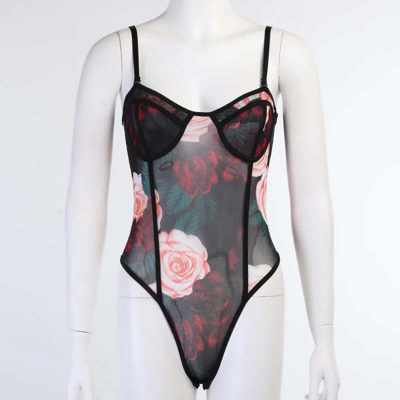 Cryptographic Fashion Floral Mesh Sheer Straps Bodysuits See Through Club Party Sexy Backless Bodysuit Teddy Bodycon One Piece