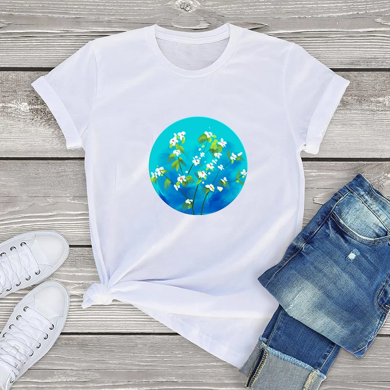 Футболка женская графическая с коротким рукавом и принтом в виде цветов на