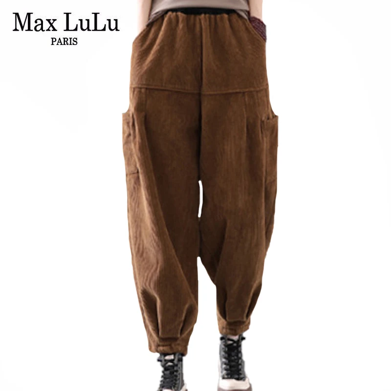 

Max LuLu 2021 Winter Womens Loose Casual Fur Pantalons British Style Ladies Solid Corduroy Elastic Harem Pants Vintage Trousers