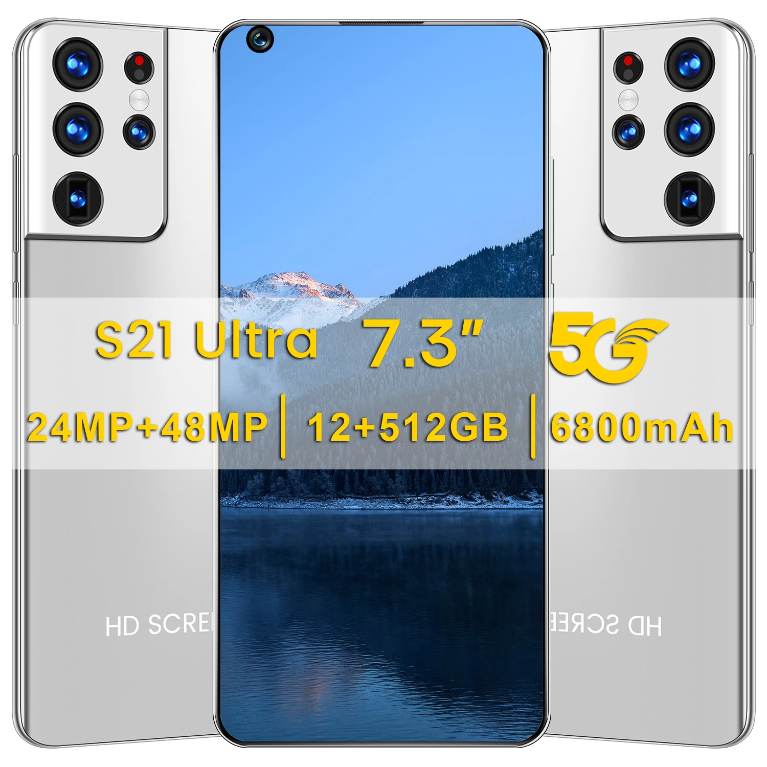 

7.3inch S21 Ultra 24MP+48MP 6800mAh 5G Global Version Smartphone Android 10 Core 12 GB 512 GB Cell Phones MTK6889 Face ID 4K