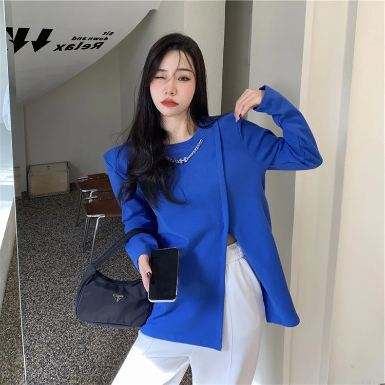 

2021 Autumn and Winter New Fashion Foreign Style Side Split Long Sleeve T-shirt Women's Klein Blue Thin Bottomed Shirt Top