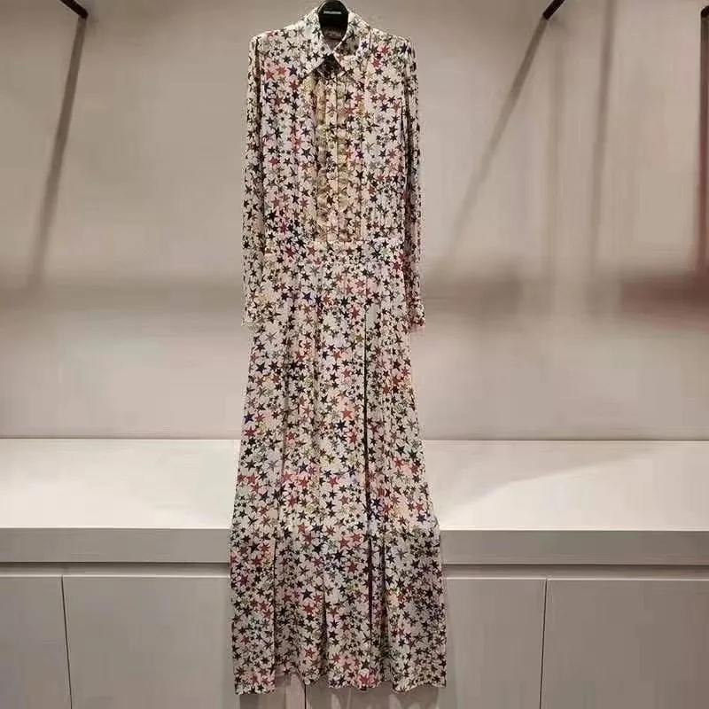 

2021 Colorful Stars Printed Maxi Dress 100% Viscose Turn-down Collar Long Sleeve Lace Stitching Ladies Single Breasted Robes