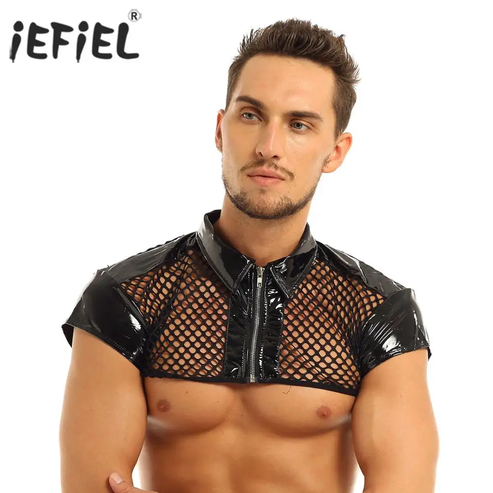 Mens See Through Fishnet Tops Cap Sleeve Patent Leather Splice Shoulder Chest Harness Shirt Muscle Clubwear Costume Half Top
