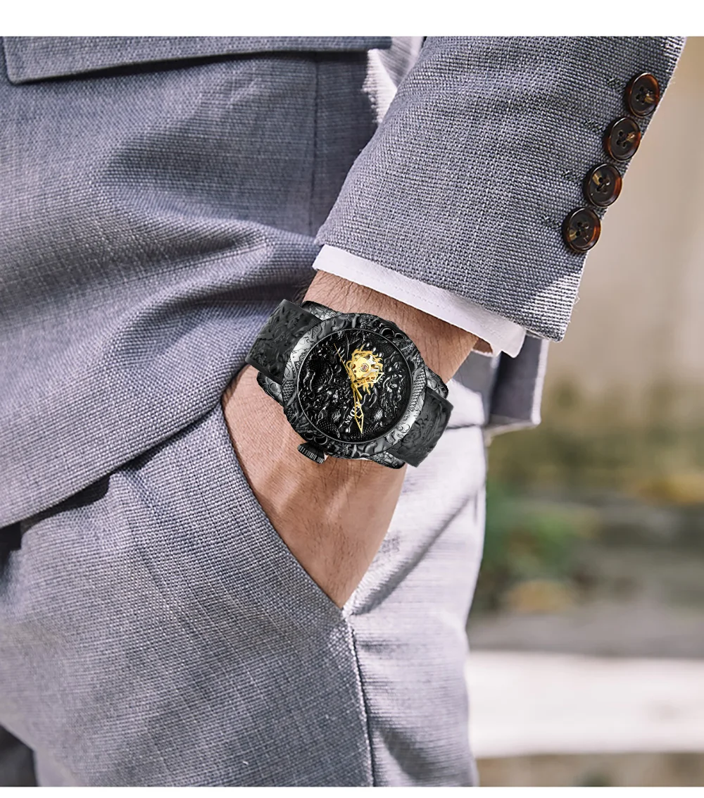 BIDEN Fashion Mechanical Watches Waterproof Mens Automatic Wristwatch Silicone Strap Luxury Pattern Design Unusual Male | Наручные часы