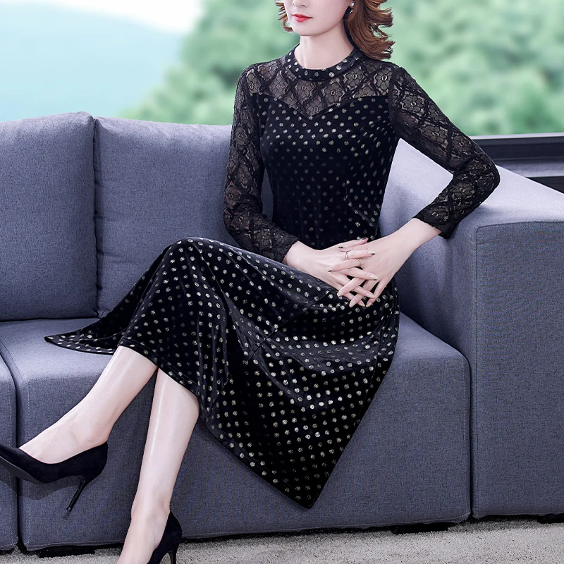 

2021 Spring Autumn Black Velvet Dot Midi Sequins Dress Women Korean Casual Vintage Lace Sexy Dress Elegant Slim Party Vestidos