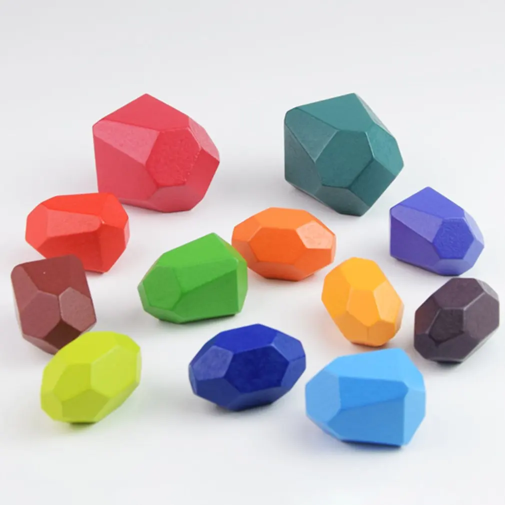 

12 Pcs/set Wooden Colored Stone Stacking Toys Children's Balance Building Blocks Educational Toy Decoration