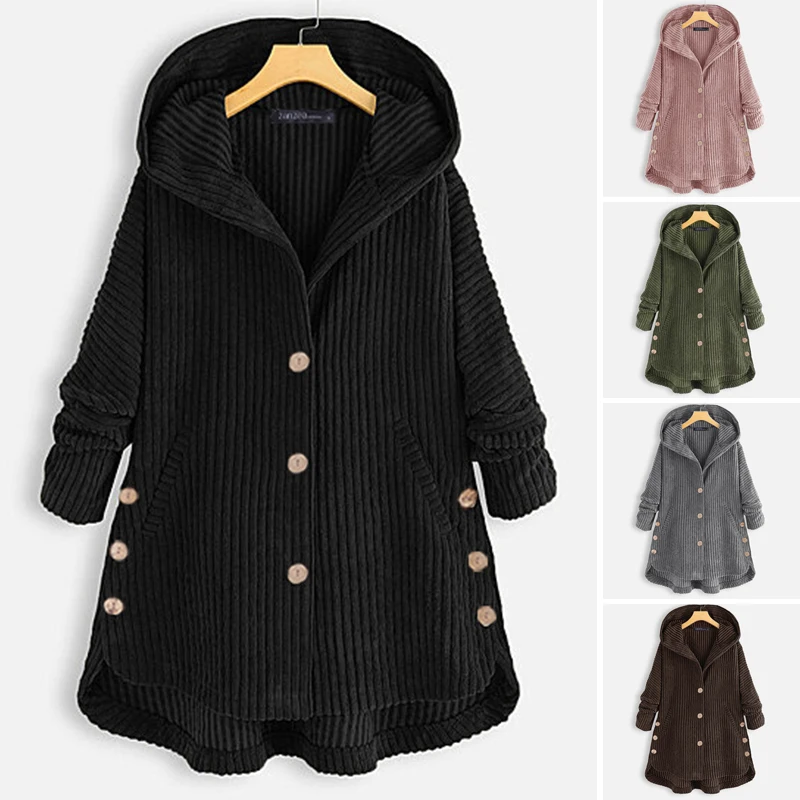 

Women's Asymmetrical Jackets ZANZEA 2021 Kaftan Corduroy Coats Winter Long Sleeve Outwears Female Button Hooded Tops Oversized