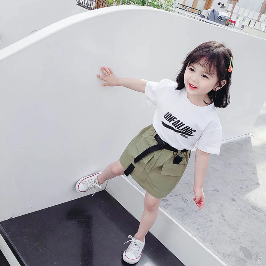 Летняя одежда для девочек футболка + шорты 2 шт. одежда-карго Повседневная