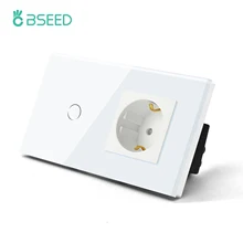 BSEED Touch Light Switch With EU Wall Socket White Black Golden Home Wall Switches 1/2/3Gang 1Way Crystal Glass Panel Backlight