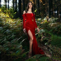 smileven modest red velvet mermaid evening dress long sleeve party dresses robe de soir%c3%a9e side split dubai prom gowns