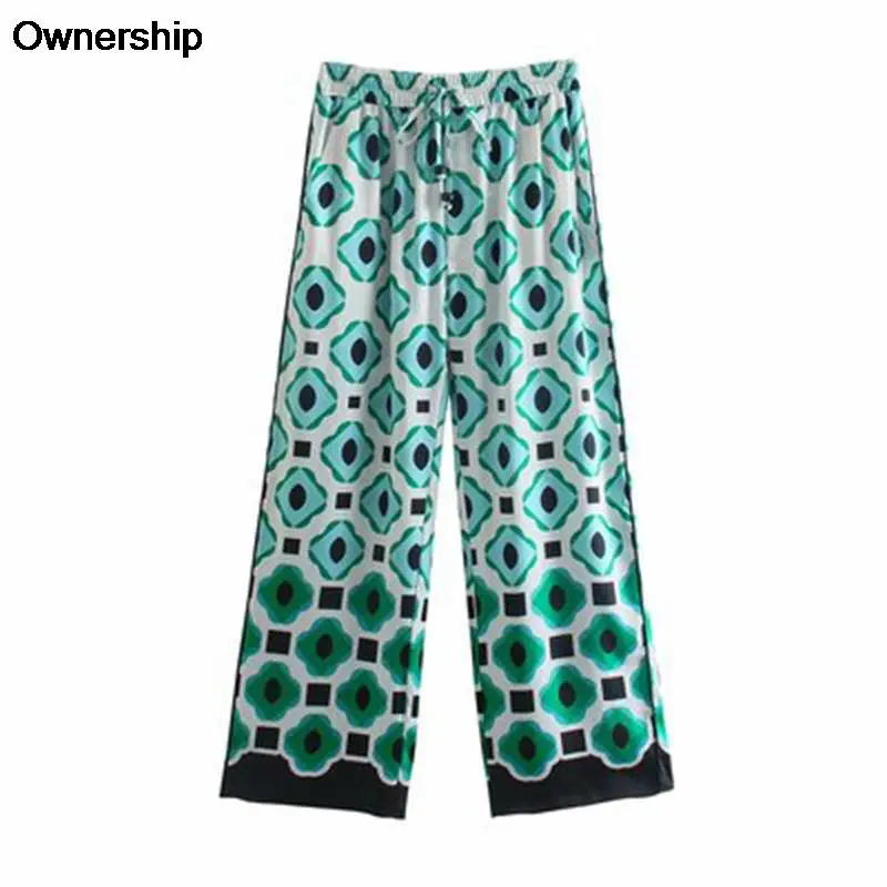 

2pcs Women Pant Suits Fashion Green Y2k Aesthetic Printed Set Casual Loose Long Sleeve Blous Shirt Wide Leg Pant Street Outfit