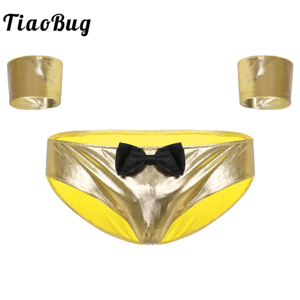 

TiaoBug Men's Shiny Metallic Lingerie Stretchy Low Rise Bulge Pouch Sexy Briefs with Cuffs Male Gay Underwear Clubwear Costumes