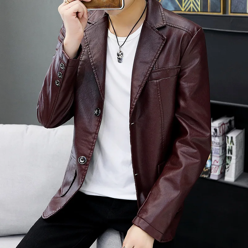 

HOHO 2020 young men suit collar fur fashion splicing pure color shuangkou leather coat lapels