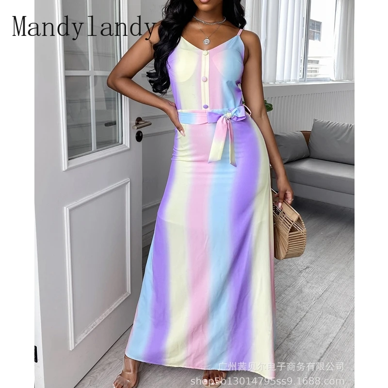 

Mandylandy Dress Summer V-neck High Waist Gradient Print Dress Women's Sexy Slim Backless Spaghetti Strap Single-Breasted Dress