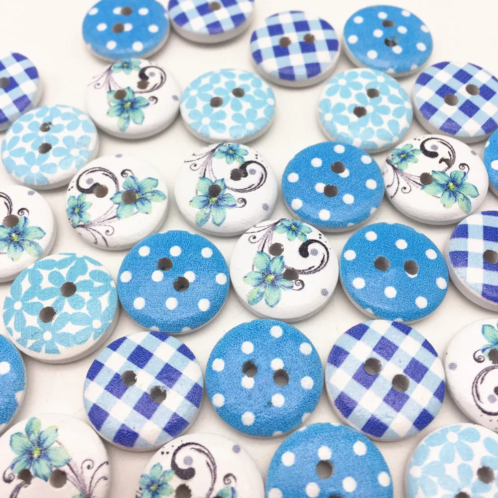 100 шт./лот 15 мм синие смешанные пуговицы в горошек клетка звезды дерево с 2