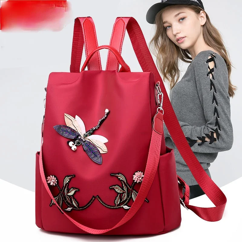 

Multifunctional Oxford cloth embroidered Dragonfly waterproof anti theft backpack women's travel bag