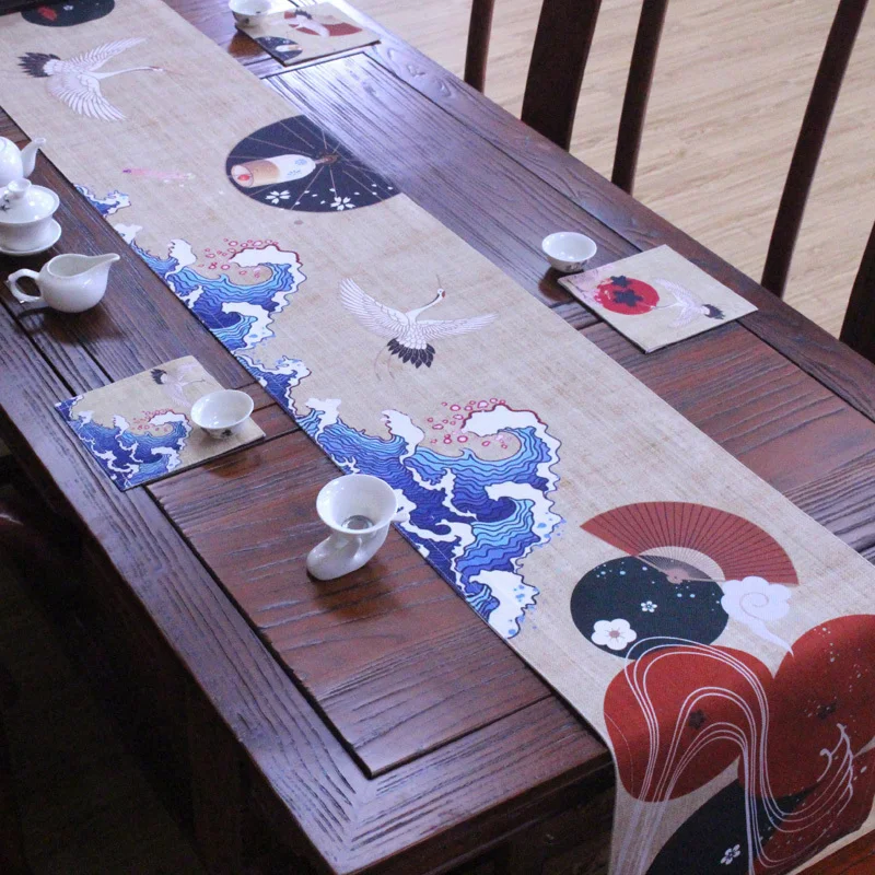 Плотная скатерть из хлопка и льна в японском стиле с укиевым принтом для чайного